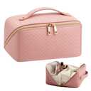 Large Capacity Travel Makeup Bag for Women, Waterproof Portable Cosmetic Bag with Compartments, Foldable Flat Lay Design for Easy Access, Perfect for Toiletries & Beauty Essentials (Pink)