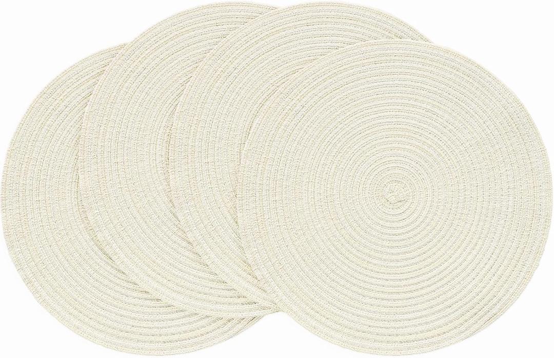 Floroom 15 Inch Round Braided Placemats Set of 4, Washable Heat Resistant Cotton Polyester Circle Place Mats for Kitchen Dining Table - Ivory Cream