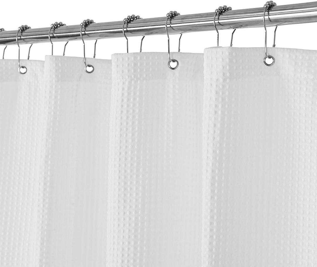 Barossa Design Waffle Weave White Shower Curtain Hotel Luxury Quality, Fabric Shower Curtains for Bathroom, Pique Pattern Cloth, Water Repellent and Machine Washable, Standard Size 71" x 72"