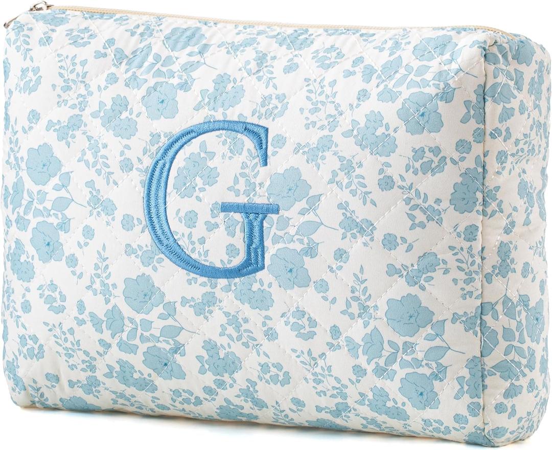 HBselect Initial Quilted Makeup Bag, Cotton Large Travel Makeup Bag, Cute Floral Coquette Make up Bag Cosmetic Bag Toiletry Bag for Women Girls G, 9.5 x 6.3 x 6.3 in