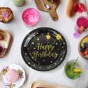 4 x 50Pcs Happy Birthday Black and Gold Paper Plates,7inch Disposable Metallic Foil Polka Dots Disposable Dessert Party Supplies Plates for Graduation Birthday Decorations Party