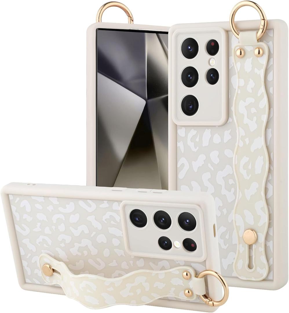 OOK Compatible with Samsung Galaxy S24 Ultra Leopard Case with Wrist Strap, Cute White Leopard Cheetah Pattern, Soft TPU Bumper Shockproof Protection Slim Cover for Women Girls, for 6.8inch