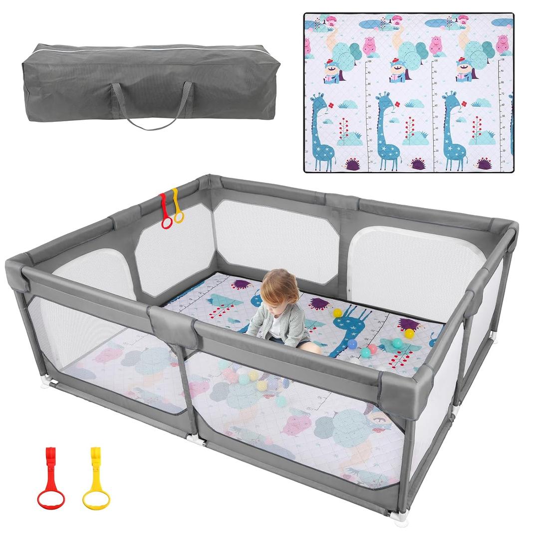 JINXIA Baby Playpen with Mat 75"*59", Large Play Pen for Babies and Toddlers with Soft Breathable Mesh, Climb-Proof Anti-Fall Baby Playpen, Sturdy Safety Play Yard for Indoor Outdoor Fun, Grey