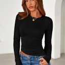 PRETTYGARDEN Womens Long Sleeve Shirts 2026 Fall Trendy Crewneck Slim Fit Asymmetrical Going Out Tops Ruched Tee Y2k Clothes (Black, L)