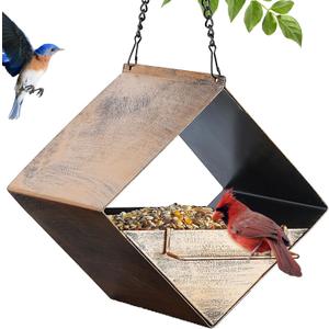 MYITYARD Hanging Bird Feeder, Small Metal Wild Bird Feeders for Outdoors, Garden Yard Decorative Birdfeeder, Square Vintage Bronze (Quadrilateral)