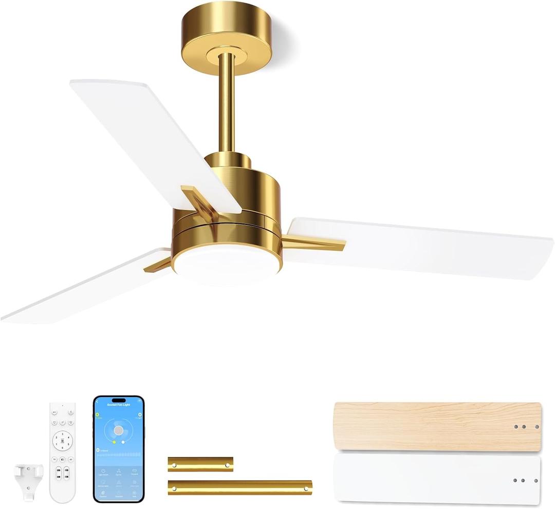 LANMEL 42'' Ceiling Fan with Lights and Remote, Low Profile Modern Ceiling Fan Gold, 6 Speed, Reversible, 3000k-6000k LED, Quiet DC Motor for Indoor Outdoor Bedroom Living Room