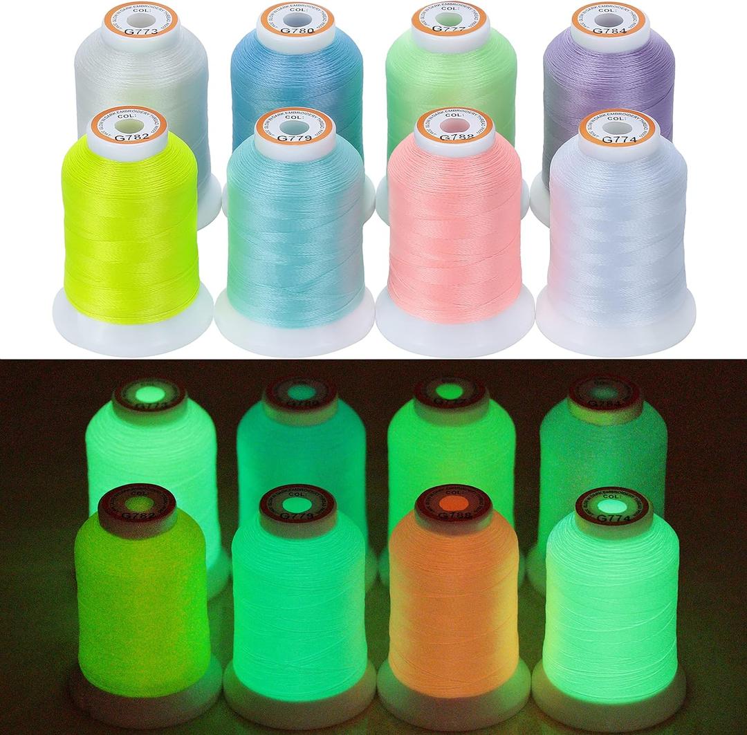 New Brothread 8 Colors Luminary Glow in The Dark Embroidery Machine Thread Kit 30WT 500M(550Y) Each Spool for Embroidery, Quilting, Sewing