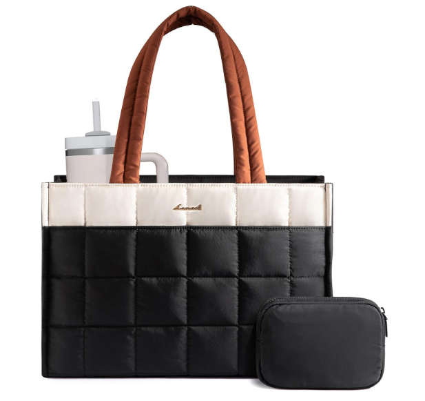 LOVEVOOK Tote Bag for Women, Puffer Work Handbag 15.6 Inch Laptop Purse for Nurse Teacher, Large Quilted Travel Tote Shoulder Bag with Zipper for College Office Clinical Gym, Cream-Black-Brown