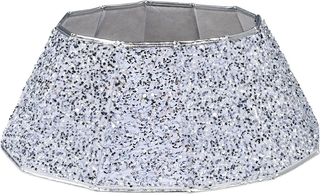 Blissun Christmas Tree Collar, Sequin Christmas Tree Skirt, Foldable Christmas Tree Ring, Xmas Tree Stand Base Cover for Christmas Tree Decoration (Silver, Round)