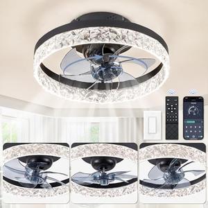 ZMISHIBO Oscillating Ceiling Fans with Lights, Low Profile Ceiling Fan with Light and Remote, Flush Mount Ceiling Fan, Reversible, Dimmable, Noiseless, 15.7 inch Small Ceiling Fans for Bedroom - Black