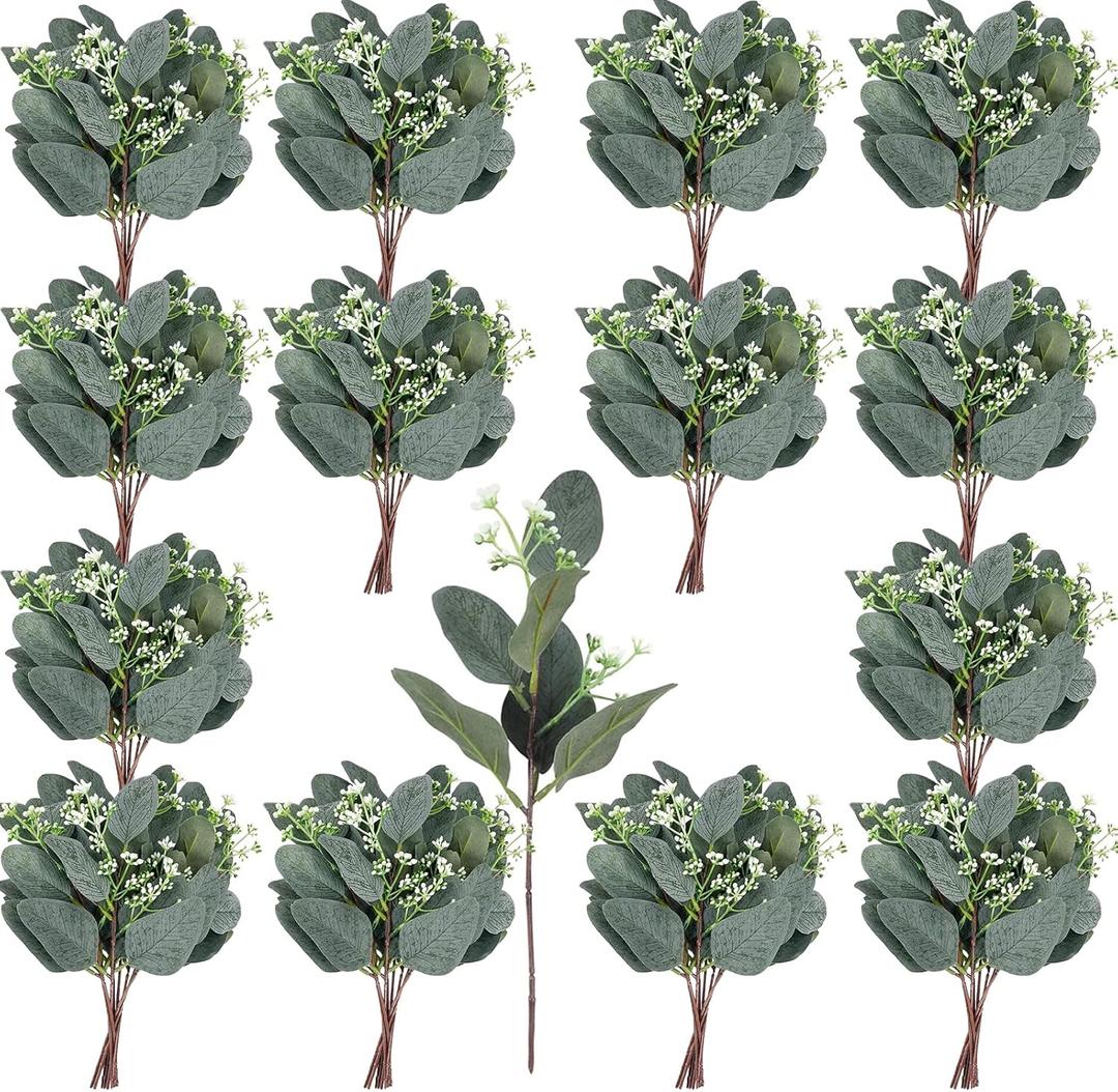 64 PCS Artificial Greenery Stems,Silver Dollar Eucalyptus Stems with 384 Eucalyptus Leaves White Seed Branches for Flower Arrangements,Wedding Bouquets