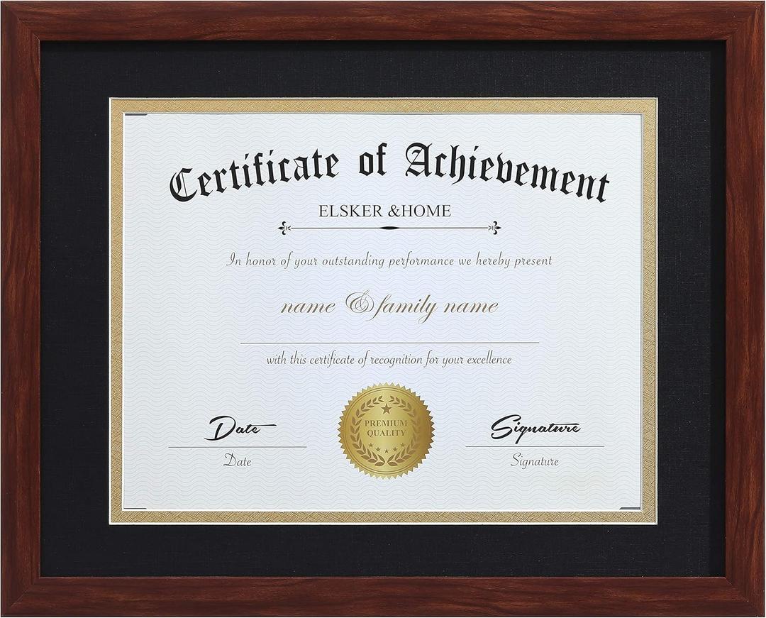 ELSKER&HOME 8.5x11 Certificate Frame - Classic Coffee Color Frame - Displays Diploma 8.5x11 Inch with Mat - 11x14 Inch Without Mat - For Document/Photo(Double Mat - Matte Black with Gold Rim)