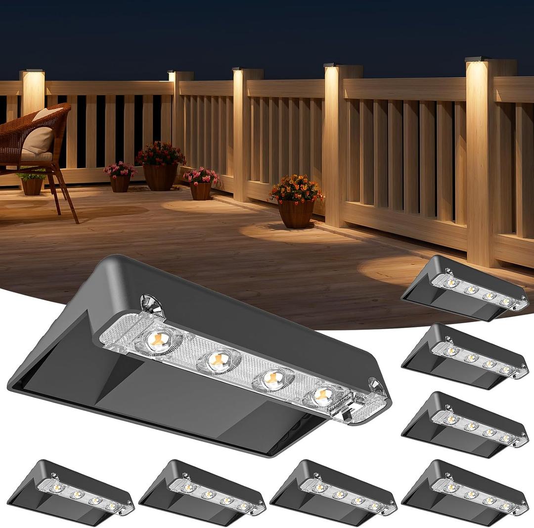 NIORSUN Solar Deck Lights Outdoor 8 Pack, IP65 Waterproof Large Size LED Stair Lights with Lenses, Auto ON Off Warm White Step Lights for Outside, Deck, Patio, Fence, Yard, Pathway and Railing Decor (Black)