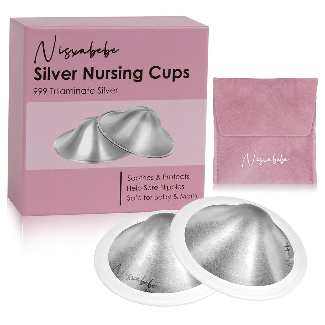 Nisxabebe The Original Silver Nursing Cups-Nipple Shields for Breastfeeding Newborn-Breast Feeding Essentials Must Haves-Nipple Covers to Protect Nursing Nipples,Trilaminate 999 Silver,Regular Size (Standard Size+Silicone Rings)
