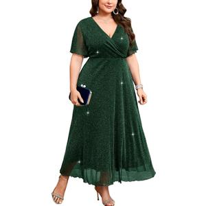 ZOMVA Plus Size Sparkly Maxi Dress V-Neck Wrap Ruffle Sleeve A-Line Glitter Gown Wedding Guest Cocktail Evening Party 3XL