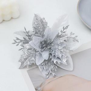 12 PCS Poinsettia Flower Artificial Silver Christmas Flowers Artificial 5.5'' Glitter Poinsettias Artificial Christmas Tree Flower with Clips DIY Xmas Wreath Holiday New Year Home Party Decor
