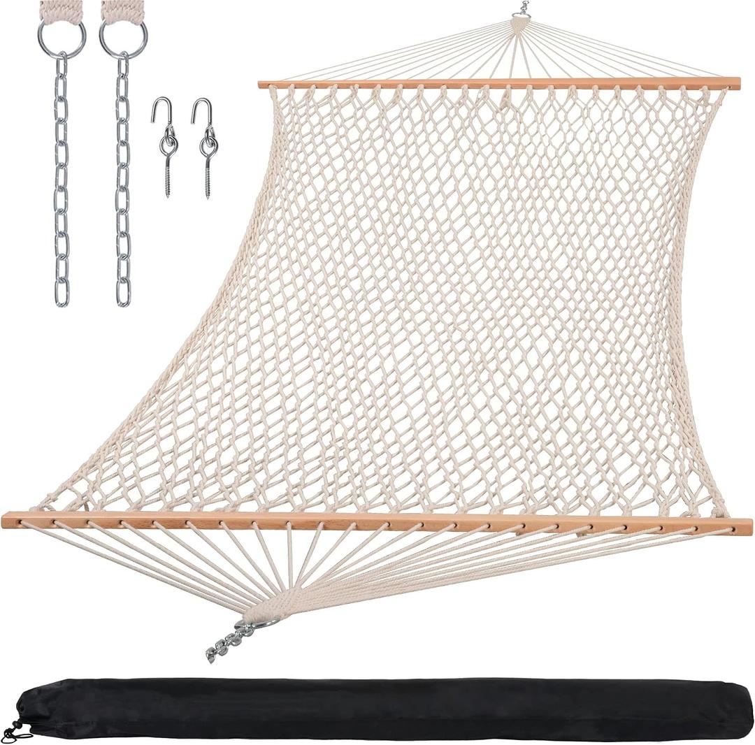 SUNCREAT Hammocks Traditional Rope Double Hammock with Hardwood Spreader Bar and Carrying Bag, 450 lbs Capacity, Natural