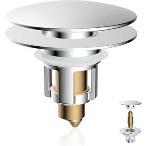 iFealClear Universal Bathroom Sink Stopper, Metal Pop Up Sink Drain Strainer with Hair Catcher Basket, Fits 1.1"-2.36" US Basin, Wash Basin Drain Plug with Large Cover Cap, Brass Bounce Core, Chrome