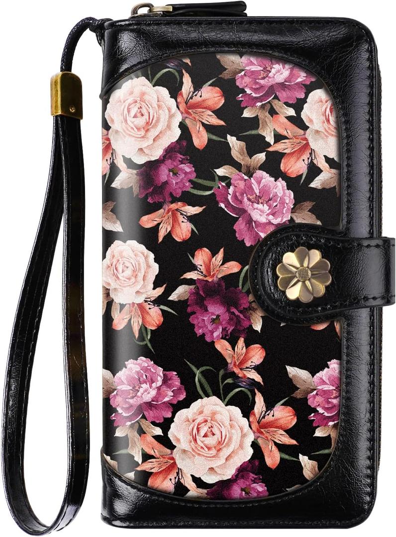 Wallets for Women Multi Card Holder Wallet Clutch Wallet Card Holder Organizer Ladies Purse with Wrist strap Purse (Black Flowers)