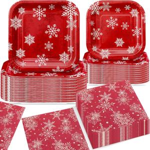150 Pcs Red White Christmas Snowflake Paper Plates and Napkins Set Snowflake Party Supplies 7 & 9 Inch Winter Wonderland Plates and Napkins Tableware Set for Xmas Holiday Party Decorations
