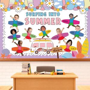 88 Pcs Summer Surfboard Bulletin Board Decoration Set Hawaiian Beach Surfing Paper Cutouts with 150 Pcs Glue Points for Back to School Classroom Photo Name