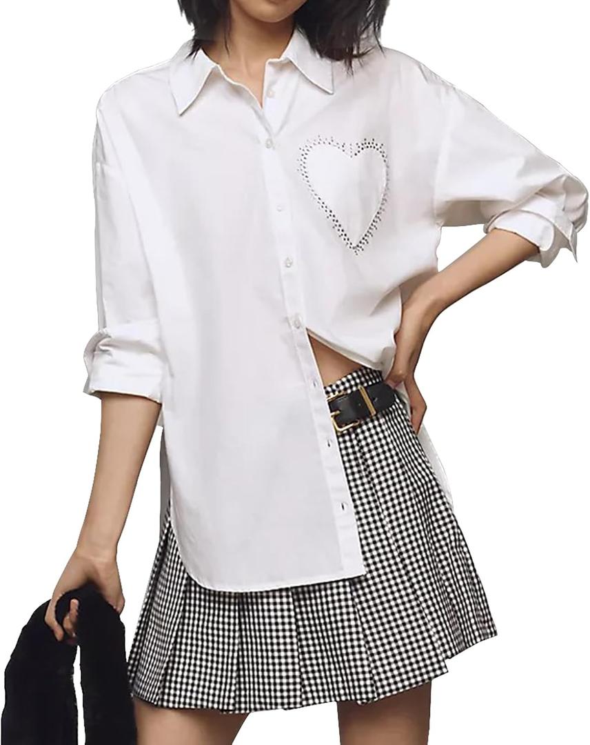 Womens Heart-Shaped Embellished Pocket Button Down Shirt Long Sleeve Top White Casual Blouse