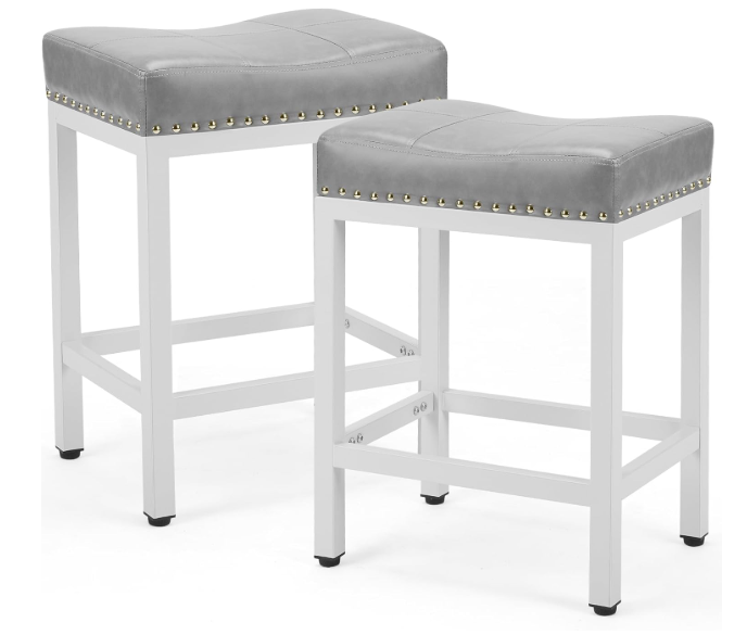 DUMOS Saddle Bar Stools Set of 2, 24 Inch Counter Height Stools with Curved PU Leather Surface, 3.7" Thick Upholstery Bar Height Stools with Footrest for Kitchen Island, Dining, Cafe, Gray