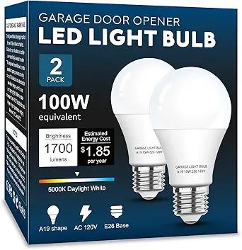 Garage Door Opener LED Light Bulb 2 Pack，15W Equivalent to 100W Garage Light Bulb,A19 5000K Daylight White E26 Base 120V Outdoor Light Bulbs,Minimize Interference,Dimmable