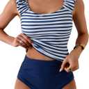 Eomenie Tankini Swimsuits for Women Ruched Tummy Control Bathing Suit Two Piece Swim Tank Top with High Waisted Bottom (Medium, Blue Stripe)