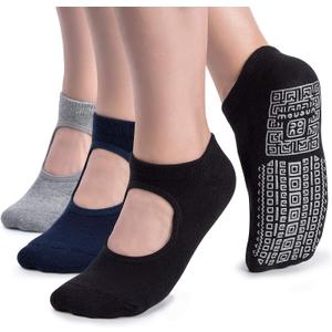 unenow Non Slip Grip Yoga Socks for Women with Cushion for Pilates, Barre, Home (One Size, 3 Pairs-black/Navy/Grey)