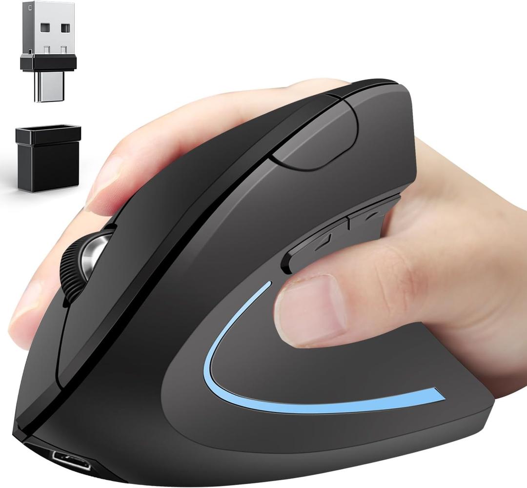 Ergonomic Mouse Wireless Bluetooth Vertical Mouse Three-mode Connection:BT5.0+USB A+USB C- Rechargeable,Ergonomic,6 Buttons,1600 DPI,2.4G Optical-Compatible with Mac ipad Tablet Laptop PC Computer