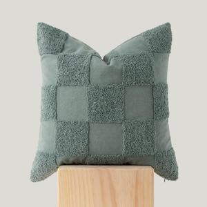 Double Stitch Checkered Throw Pillow Covers - 100% Cotton Tufted Boho Decorative Pillow Covers 20x20, Made in India, Square Cushion Case, Modern Home Decor for Couch, Sofa, Living Room, Chinois Green 