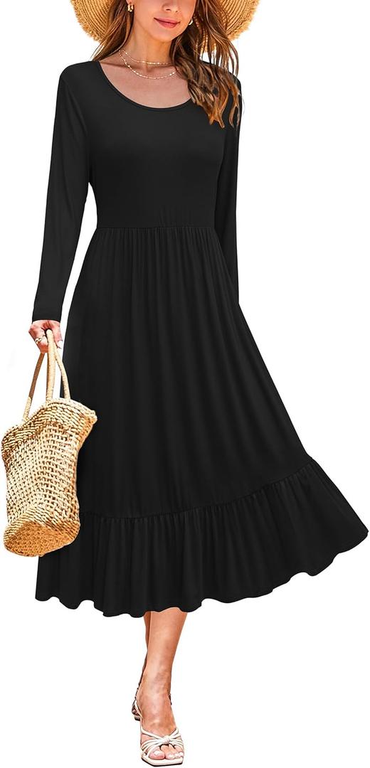 STYLEWORD Women's 2025 Fall Wedding Guest Dresses Long Sleeve Crew Neck Tiered Flowy A Line Casual Midi Dress Pockets (Black, XL)