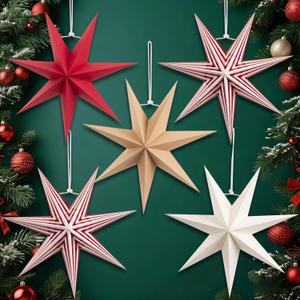 SUNBEAUTY Paper Stars Christmas Party Decorations, 5PCS 6-Pointed Paper Star Hanging Decoration Set Holiday Decor Stars Shape Landerne for Birthday Party Tree Xmas Home Decor