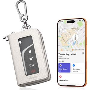 HiWe 3-in-1 Universal Leather Car Key Fob Case Compatible with Apple Find My, Anti-Lost Key Finder, Car Key Holder with Keychain Ring, Dual Layer Key Fob Protector, Never Lose Your Keys (Beige)