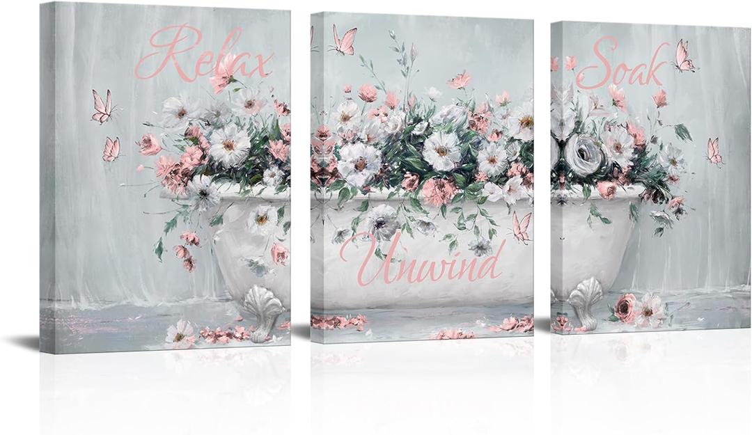 WELMECO Bathroom Decor Wall Art Flower Bathtub Painting Bathroom Signs Relax Soak Unwind Prints Framed 12"x16"x3 Pieces (Pink)
