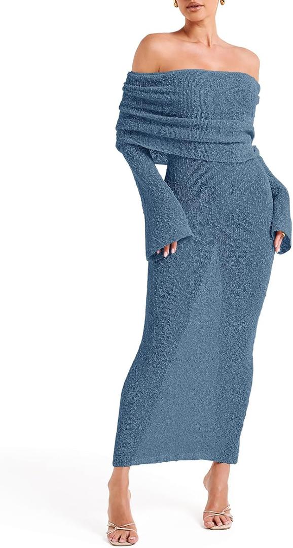 Saodimallsu Womens Off Shoulder Summer Maxi Dress Bell Long Sleeve Sexy Bodycon Strapless Sheer Beach Swimsuit Coverup (Blue)