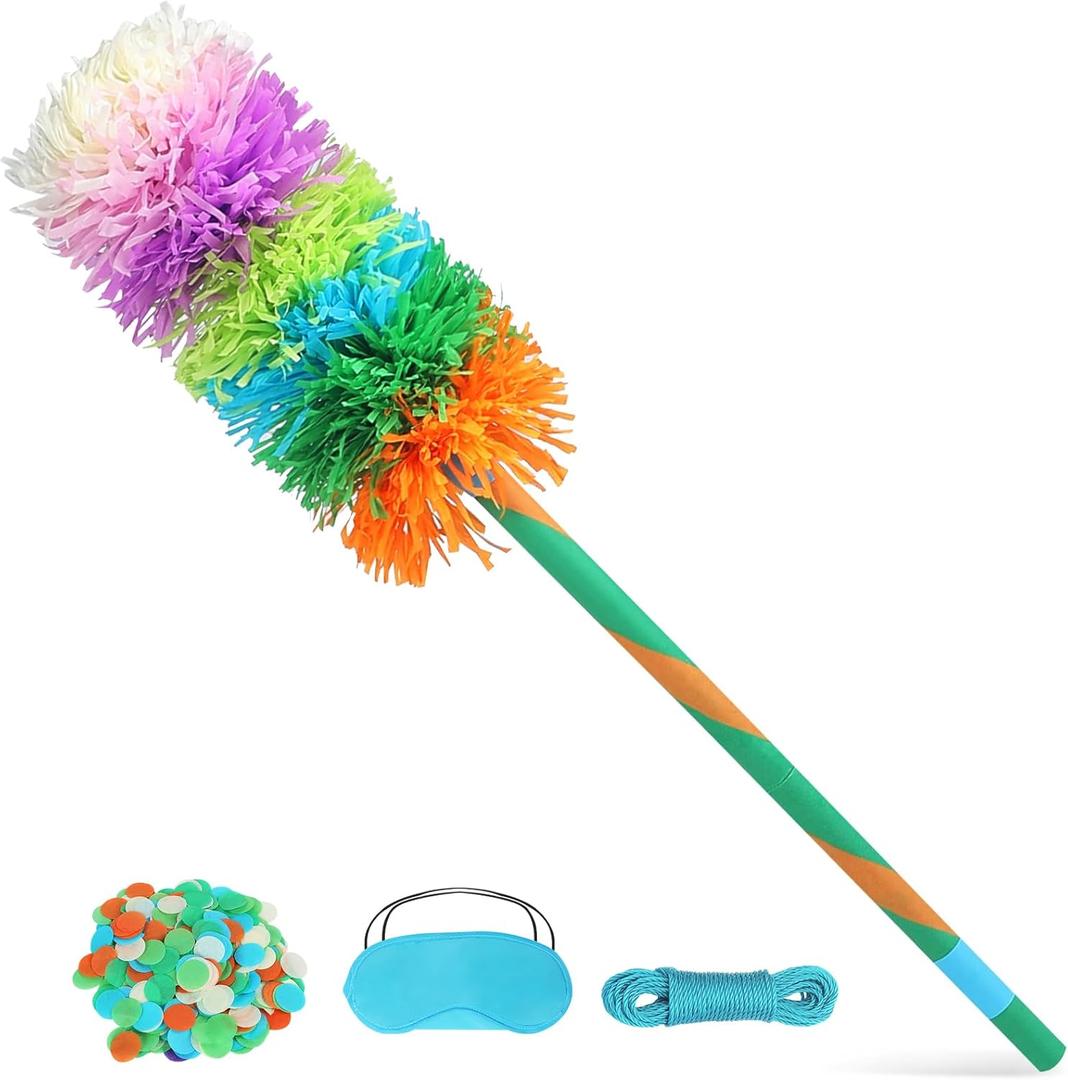 34" Piñata Stick Accessories Set, Pinata Bat, Blindfold Eye Mask, Hemp Rope, Confetti (Blue)