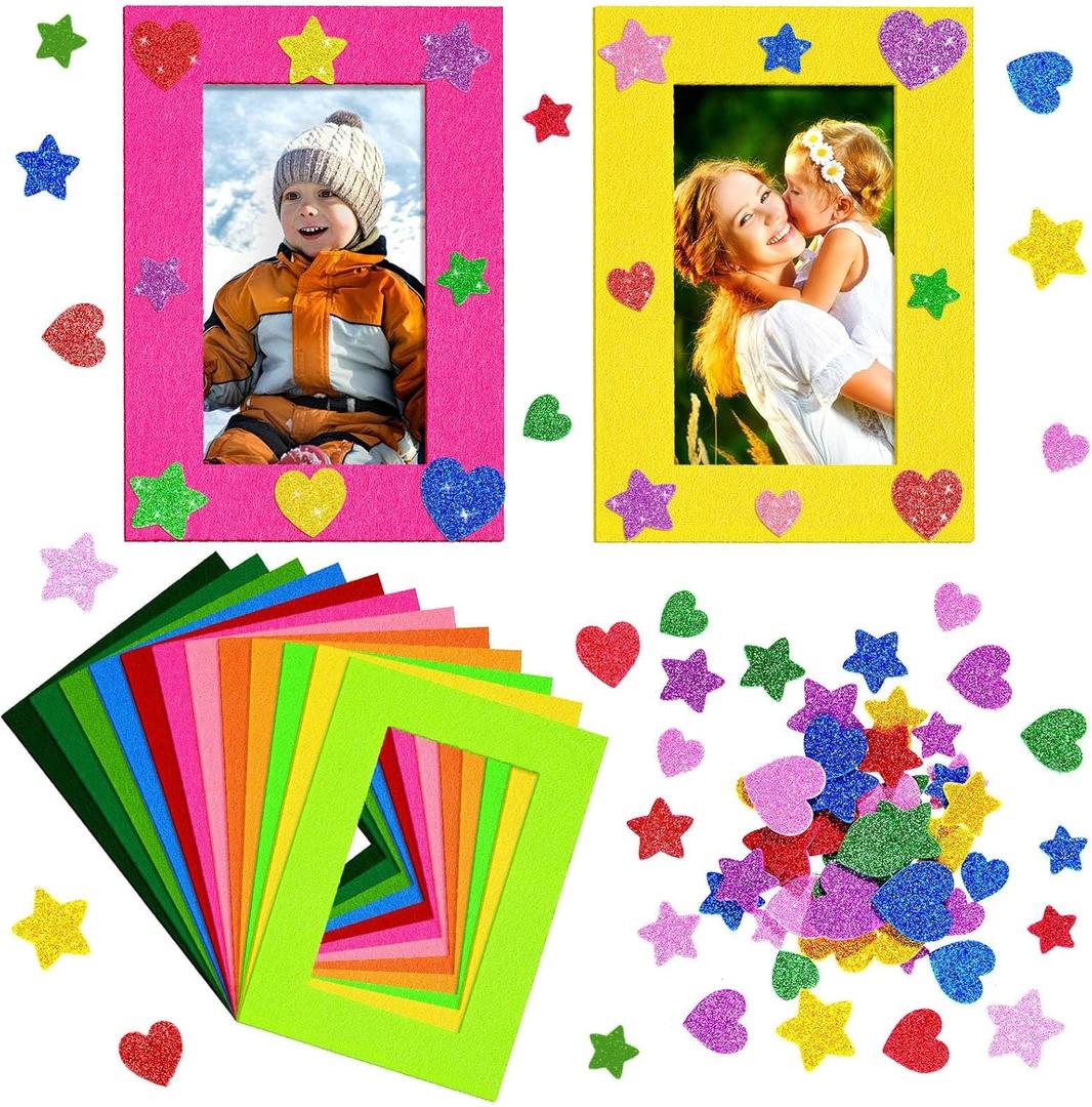 Jetec 24 Pieces Colorful Felt Photo Frames Holiday Picture Frames and 50 Pieces Colorful Glitter Foam Stickers for Home and Office Decoration 4 x 6 Inch Photos