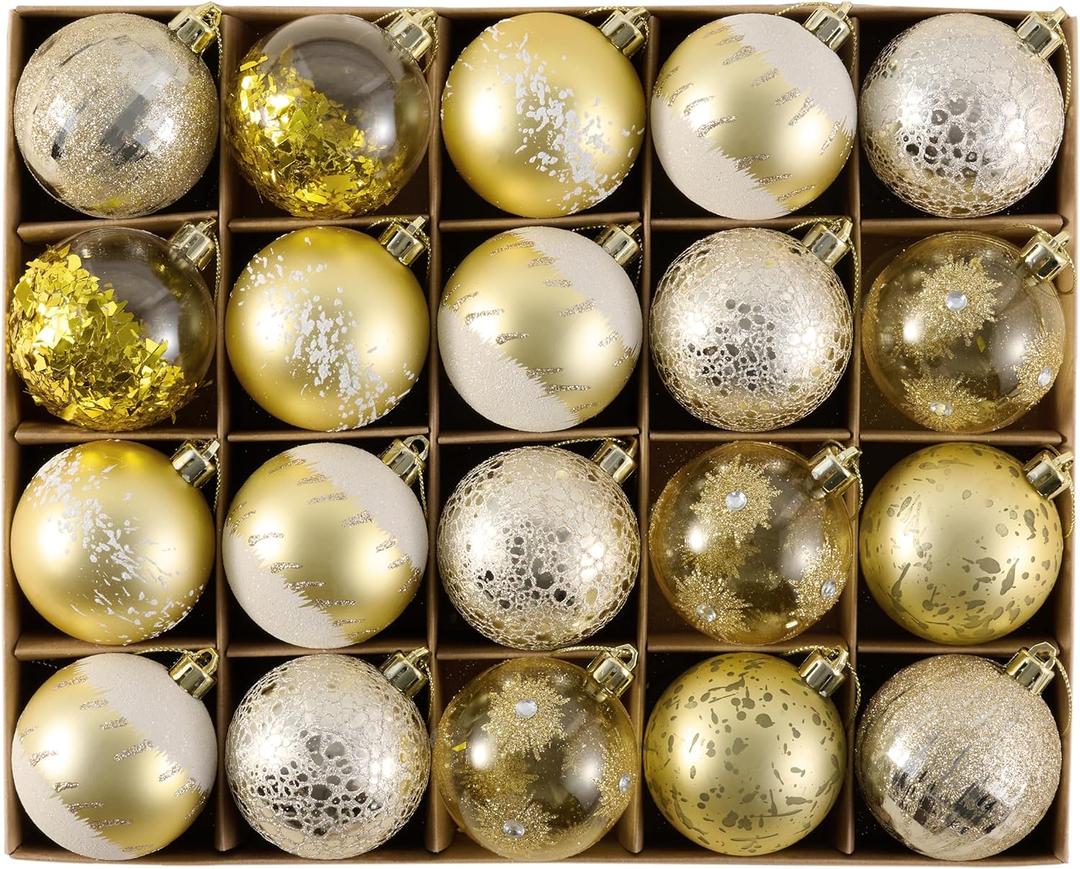 DecorbyHannah Gold Christmas Ornaments, 20ct 2.36 inch Ball Ornaments for Christmas Tree Decorations, Shatterproof Plastic Decorative Hanging Balls Bulk for Xmas Home Party Holiday Table Decor