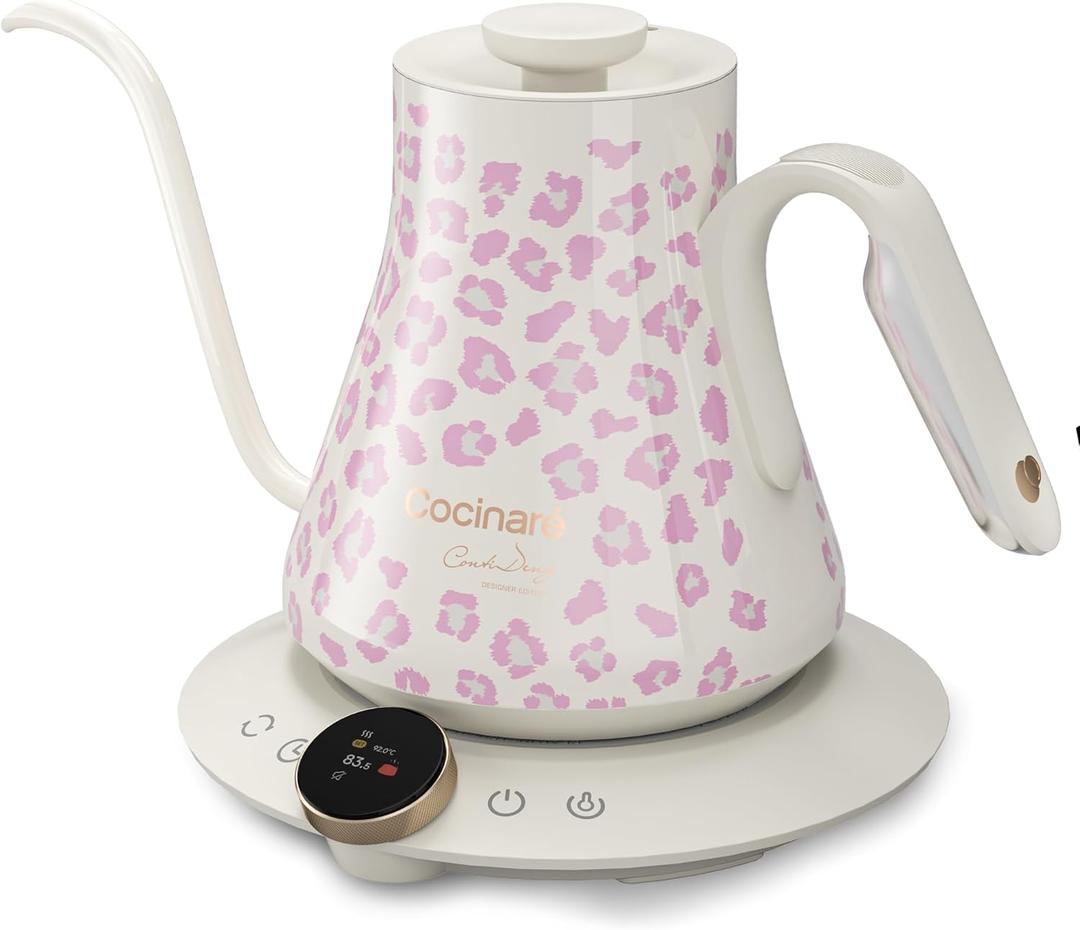 Cocinare Color-changing Collection Blush Leopard Gooseneck Electric Kettle, 0.5 Precise Temperature Control for Pour-Over Coffee & Tea, Quick Heating 1500W, Stainless Steel Interior, 0.9L