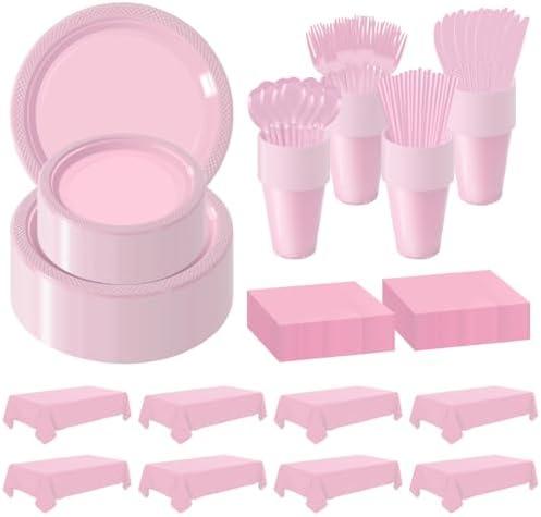 Disposable Plastic Dinnerware Set-968PCS Plastic Plates Set Includes 120 Of Each Dinner ＆ Dessert Plates, Cups, straws, Spoons, Forks & Knives for Party (Pink, 968PCS（120 Guests）)