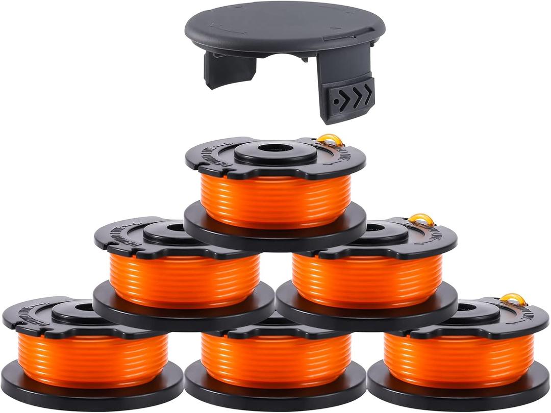 A ANLEOLIFE Single Line Replacement Spool 065'' x 16ft for Greenworks Weed Eater String Trimmers, Auto-Feed, Parts Model # 29252, 29092 (6 Spools & 1 Cap)