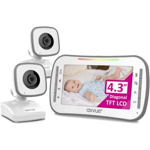 Axvue Video Baby Monitor, Comfortable Slim Design Handheld Enclosure, 4.3" Screen Monitor & 2 Camera, Range up to 1000ft, 12 Hour Battery Life, 2-Way Talk, Night Vision, Temperature Monitor, No WiFi.