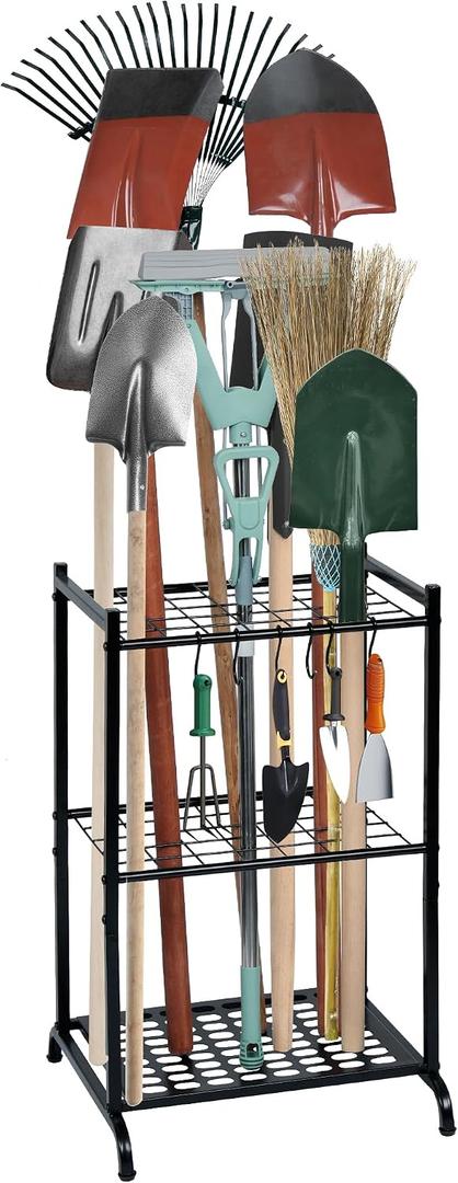 Garden Tool Organizer with Storage Hooks, Yard Tool Tower Rack for Garage Organization and Storage, Up to 35 Long-Handled Tools, Metal Tool Holder with 6 Hooks, Black