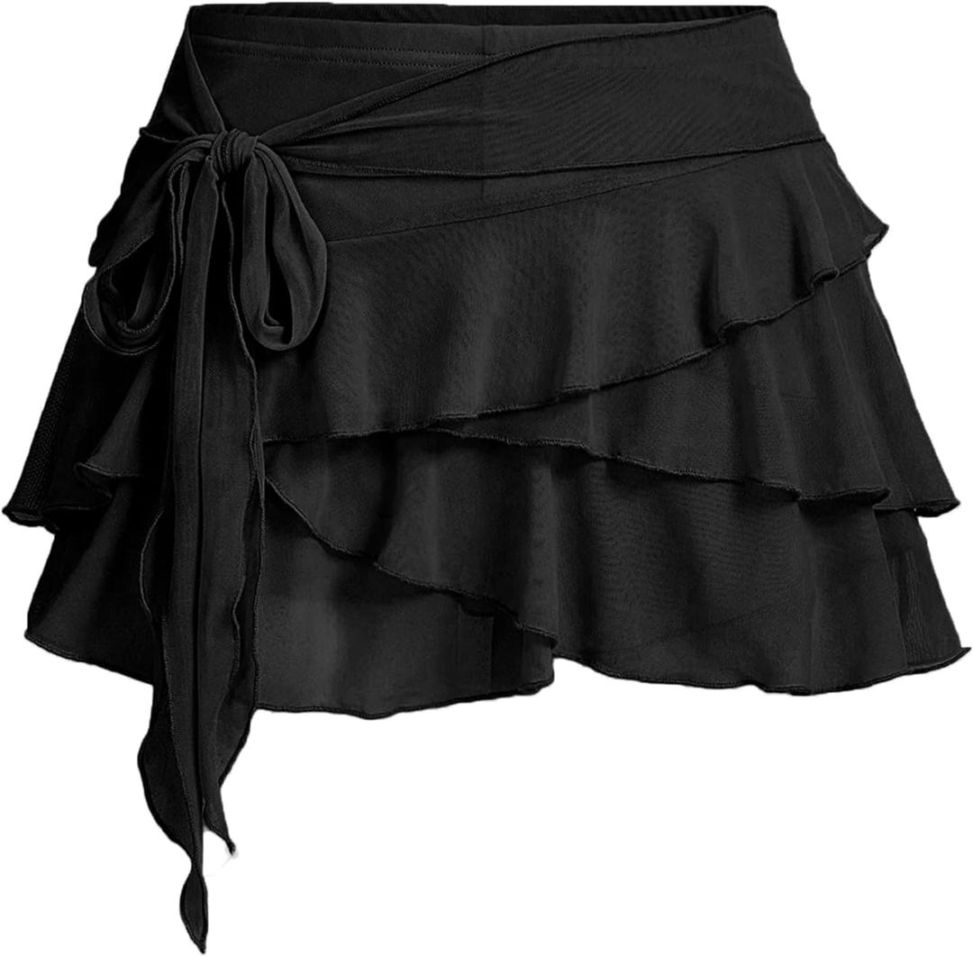 Women's Mini Ruffle Skirt Y2K Cute Mesh Flowy Pleated Layered Skort with Shorts for Casual Party (Black, L)
