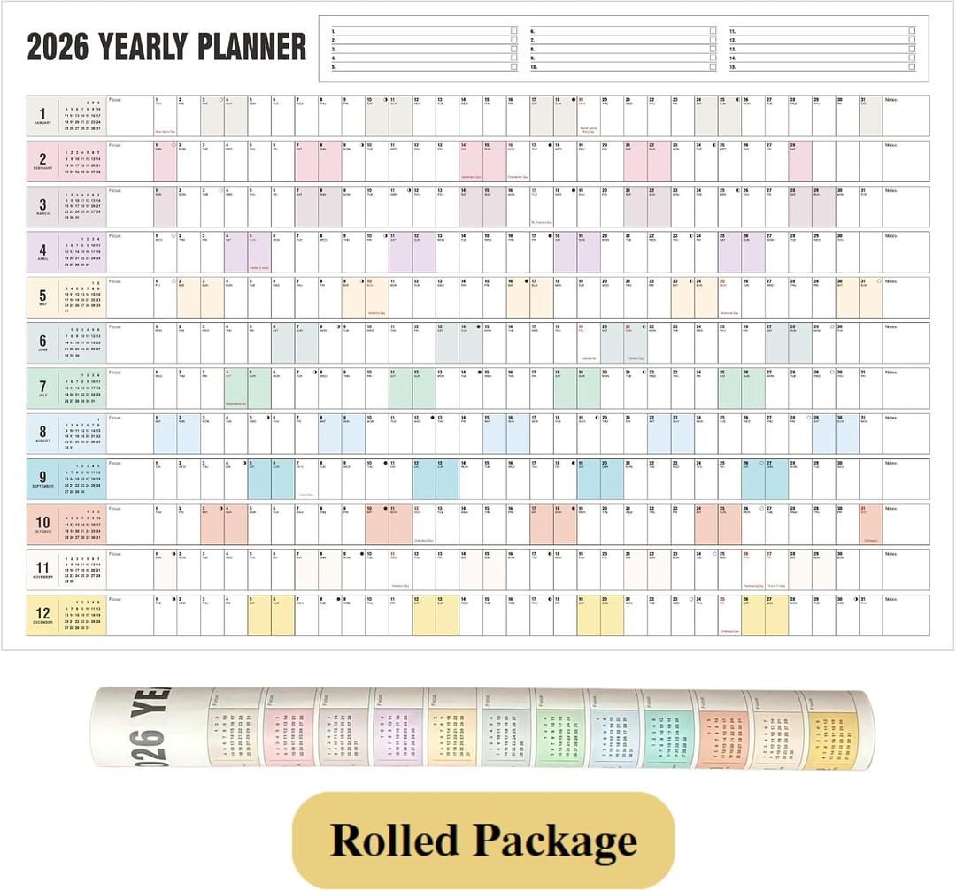 2026 Yearly Wall Calendar, Full Year Wall Calendar One Page, Rolled Paper Calendar For Wall Without Crease, 365 Day Calendar at One Glance, 23"X 33", Horizontal (Light Colorful)