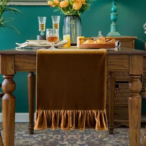 Velvet Table Runner Soft Decorative Luxurious Solid 72 Inches Long Tablecloth with Retro Ruffle Flounces Table Runner Dresser Scarves for Kitchen Dining Room Coffee Table Golden Camel,14x72 Inch, 2 Pack