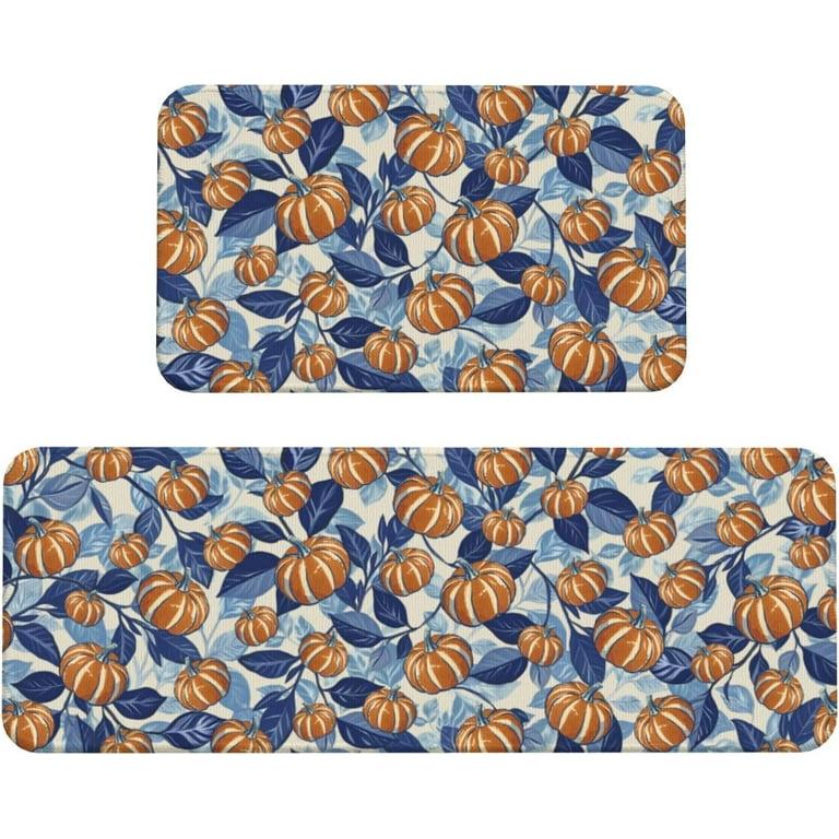 Blue Burnt Orange Fall Kitchen Mat Sets of 2 Pumpkin Autumn Leaf Kitchen Rugs for Floor Home Decor Thanksgiving Harvest Decoration Low-Profile Mats,17x29 and 17x47 Inch