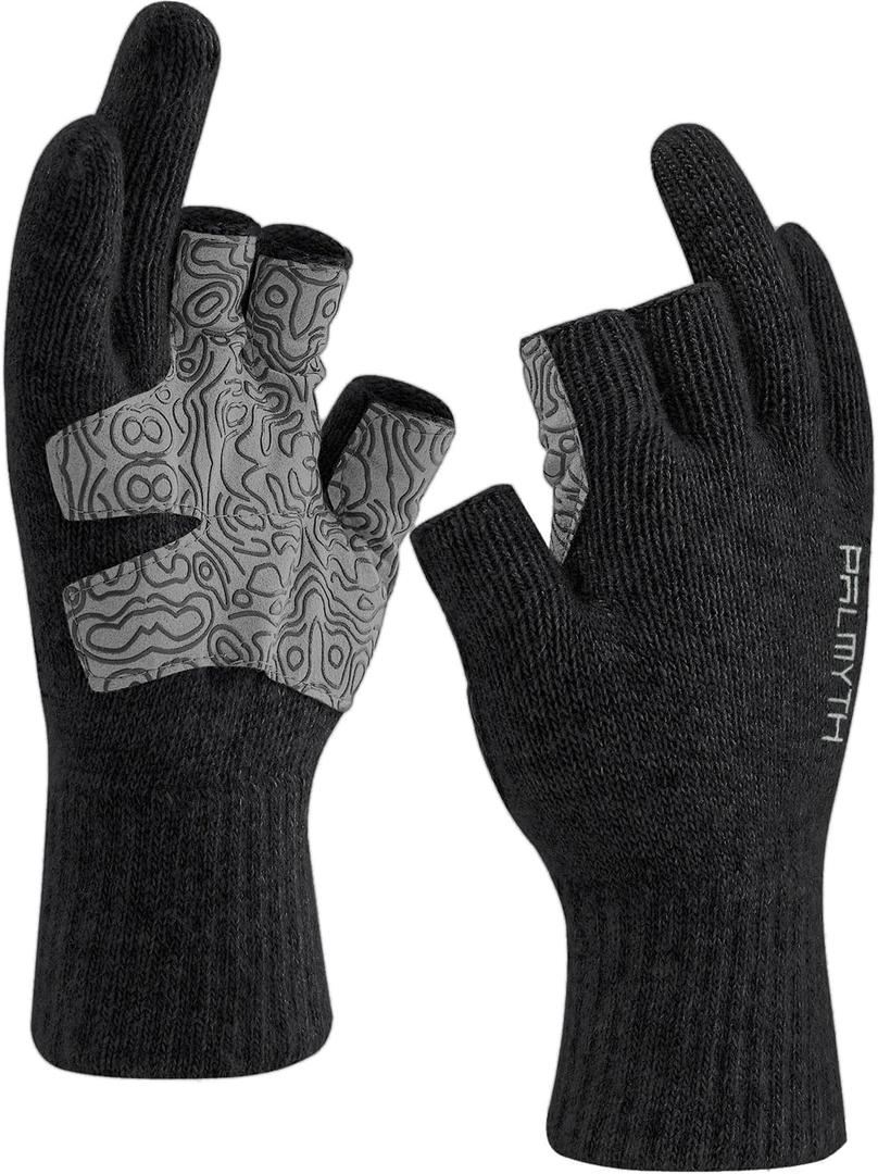 Palmyth Wool Fishing Gloves 3-Cut Fingers Warm for Men and Women Cold Weather Fingerless Gloves for Winter Fly Fishing (Large-X-Large, Black)